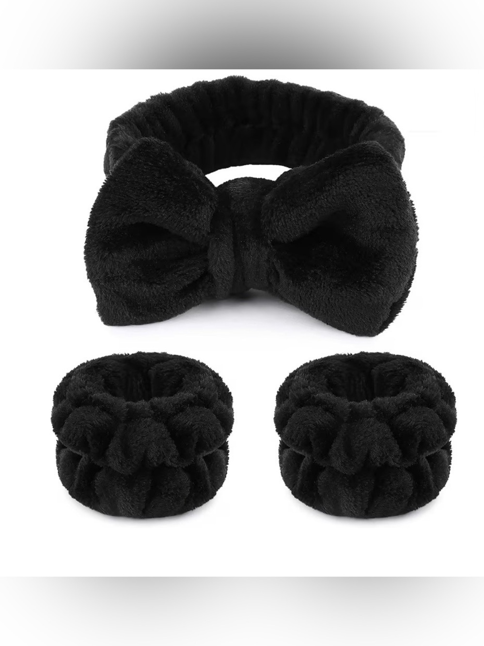 Black Bow Spa Headband with 2 Matching Fabric Wristbands Set